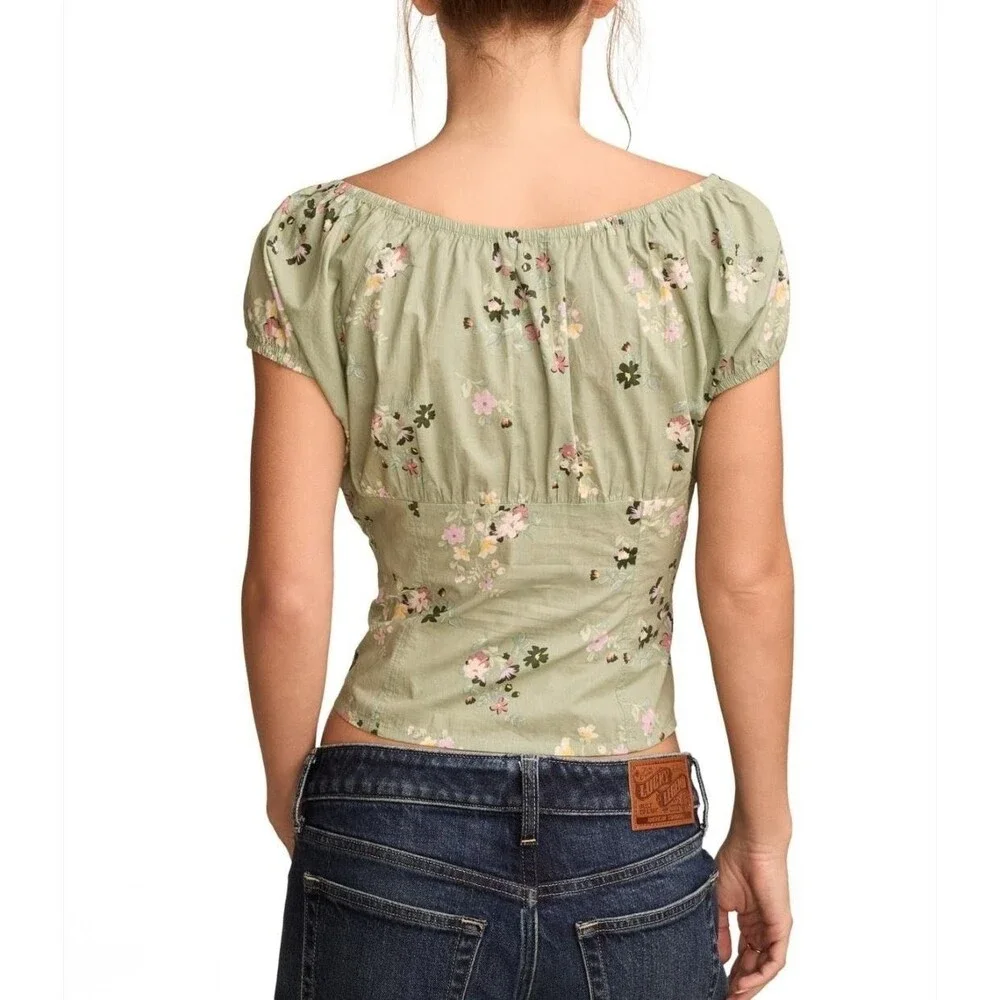 Lucky Brand Size L Blouse Floral Corset Cotton Puff Sleeves Cottage Peasant - Picture 2 of 8